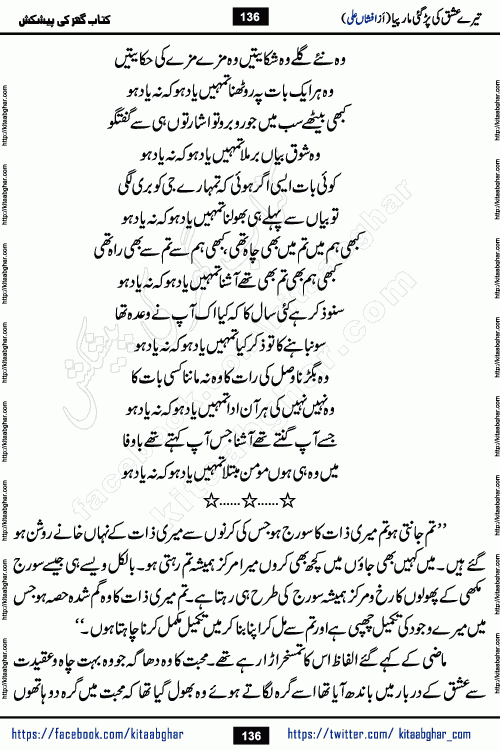 Tere Ishq Ki Par Gae Maar Piya by Popular Writer Afshan Ali is an Urdu novel that explores the complex dynamics of a post-marriage relationship, primarily focusing on the emotional disconnect between two partners with contrasting personalities. Originally serialized in Hina Digest between January and July 2021. The story follows the lives of Haizam and Itba, tracing their journey through attraction, engagement, and eventually marriage. Haizam is depicted as an expressive and intensely devoted husband, sometimes bordering on obsessive in his love for his wife. In contrast, Itba is reserved and does not believe in the verbal or frequent expression of emotions. After several years of marriage and having children, Itba begins to feel stifled. She craves personal space and feels she has lost her individual identity within the marriage. This leads to significant tension, a rift, and a period of separation. The novel also features a secondary, more mystical thread involving characters Zaryab Khan and Momina Ali, whose story begins in the Kelash Valley. This subplot touches on themes of revenge, sacrifice, and the staining of reputation by those held most dear