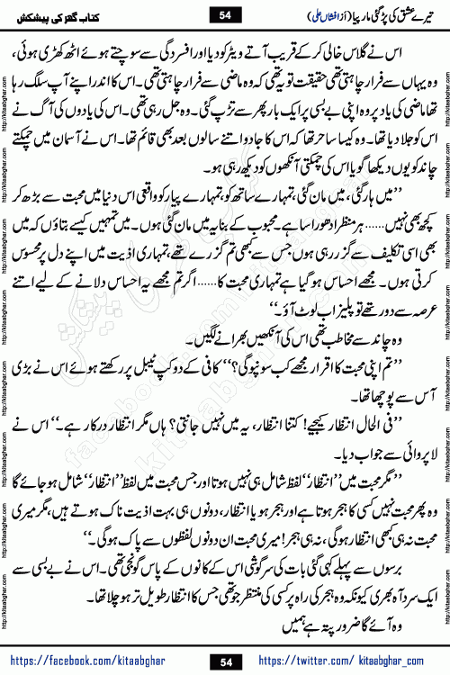 Tere Ishq Ki Par Gae Maar Piya by Popular Writer Afshan Ali is an Urdu novel that explores the complex dynamics of a post-marriage relationship, primarily focusing on the emotional disconnect between two partners with contrasting personalities. Originally serialized in Hina Digest between January and July 2021. The story follows the lives of Haizam and Itba, tracing their journey through attraction, engagement, and eventually marriage. Haizam is depicted as an expressive and intensely devoted husband, sometimes bordering on obsessive in his love for his wife. In contrast, Itba is reserved and does not believe in the verbal or frequent expression of emotions. After several years of marriage and having children, Itba begins to feel stifled. She craves personal space and feels she has lost her individual identity within the marriage. This leads to significant tension, a rift, and a period of separation. The novel also features a secondary, more mystical thread involving characters Zaryab Khan and Momina Ali, whose story begins in the Kelash Valley. This subplot touches on themes of revenge, sacrifice, and the staining of reputation by those held most dear