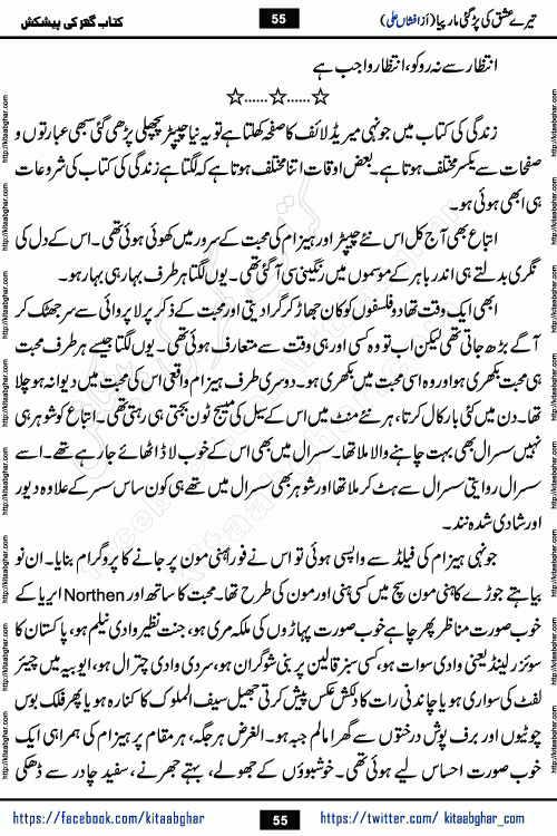 Tere Ishq Ki Par Gae Maar Piya by Popular Writer Afshan Ali is an Urdu novel that explores the complex dynamics of a post-marriage relationship, primarily focusing on the emotional disconnect between two partners with contrasting personalities. Originally serialized in Hina Digest between January and July 2021. The story follows the lives of Haizam and Itba, tracing their journey through attraction, engagement, and eventually marriage. Haizam is depicted as an expressive and intensely devoted husband, sometimes bordering on obsessive in his love for his wife. In contrast, Itba is reserved and does not believe in the verbal or frequent expression of emotions. After several years of marriage and having children, Itba begins to feel stifled. She craves personal space and feels she has lost her individual identity within the marriage. This leads to significant tension, a rift, and a period of separation. The novel also features a secondary, more mystical thread involving characters Zaryab Khan and Momina Ali, whose story begins in the Kelash Valley. This subplot touches on themes of revenge, sacrifice, and the staining of reputation by those held most dear