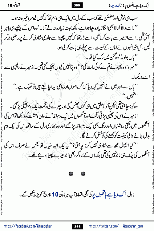 Ik Diya Hai Hathon Par Episode 16 by Nighat Seema is a famous romantic urdu novel started on kitab ghar for urdu novel lovers. Ik Diya Hai Hathon Par is a popular urdu novel and being serialized in pakistani monthly urdu digest. The Novel Ik Diya Hai Hathon Par has story of journey of real love and life like characters of this novel belong to Pakistani Society and Culture