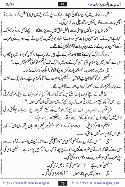 Ik Diya Hai Hathon Par Episode 9 by Nighat Seema is a famous romantic urdu novel started on kitab ghar for urdu novel lovers. Ik Diya Hai Hathon Par is a popular urdu novel and being serialized in pakistani monthly urdu digest. The Novel Ik Diya Hai Hathon Par has story of journey of real love and life like characters of this novel belong to Pakistani Society and Culture
