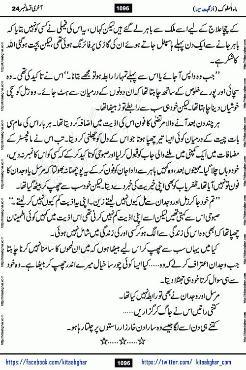 Ma ul Malook last episode 24 by Popular Writer Nighat Seema is a famous romantic urdu novel started on kitab ghar for urdu novel readers. Characters of this novel belong to Pakistani Society and Culture.