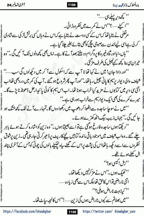 Ma ul Malook last episode 24 by Popular Writer Nighat Seema is a famous romantic urdu novel started on kitab ghar for urdu novel readers. Characters of this novel belong to Pakistani Society and Culture.