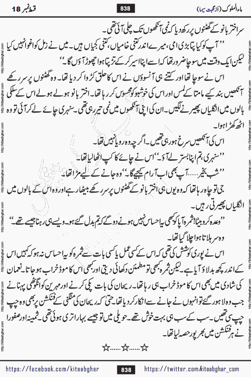 Ma ul Malook episode 19 by Popular Writer Nighat Seema is a famous romantic urdu novel started on kitab ghar for urdu novel readers. Characters of this novel belong to Pakistani Society and Culture.