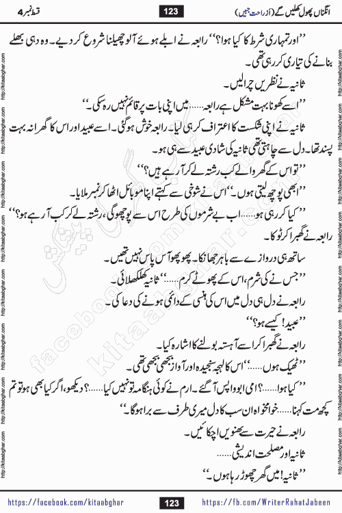 Angna Phool Khilenge episode 29 by Popular Writer Rahat Jabeen is a famous romantic urdu novel started on kitab ghar for urdu novel readers