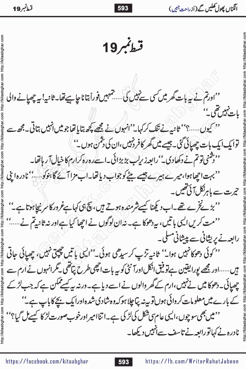 Angna Phool Khilenge episode 19 by Popular Writer Rahat Jabeen is a famous romantic urdu novel started on kitab ghar for urdu novel readers
