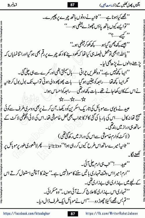 Angna Phool Khilenge last episode 30 by Popular Writer Rahat Jabeen is a famous romantic urdu novel started on kitab ghar for urdu novel readers