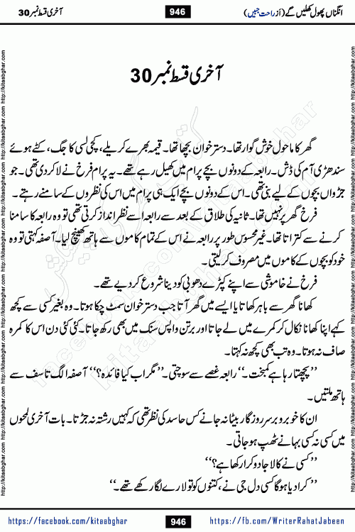 Angna Phool Khilenge last episode 30 by Popular Writer Rahat Jabeen is a famous romantic urdu novel started on kitab ghar for urdu novel readers