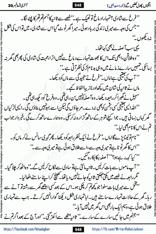 Angna Phool Khilenge last episode 30 by Popular Writer Rahat Jabeen is a famous romantic urdu novel started on kitab ghar for urdu novel readers