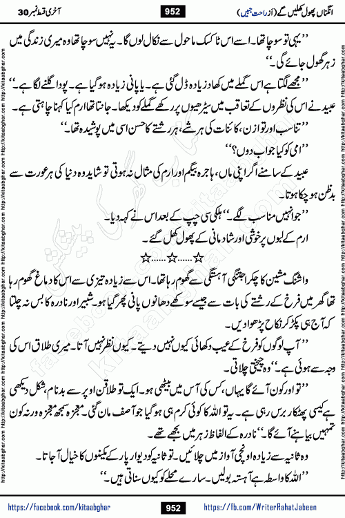 Angna Phool Khilenge last episode 30 by Popular Writer Rahat Jabeen is a famous romantic urdu novel started on kitab ghar for urdu novel readers