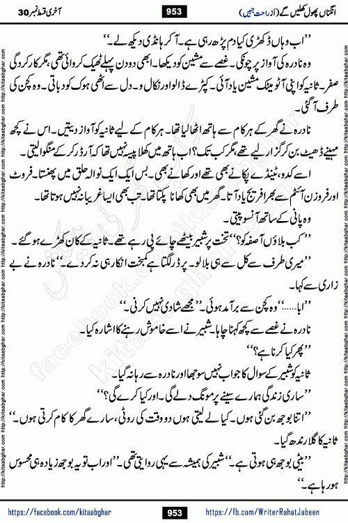 Angna Phool Khilenge last episode 30 by Popular Writer Rahat Jabeen is a famous romantic urdu novel started on kitab ghar for urdu novel readers