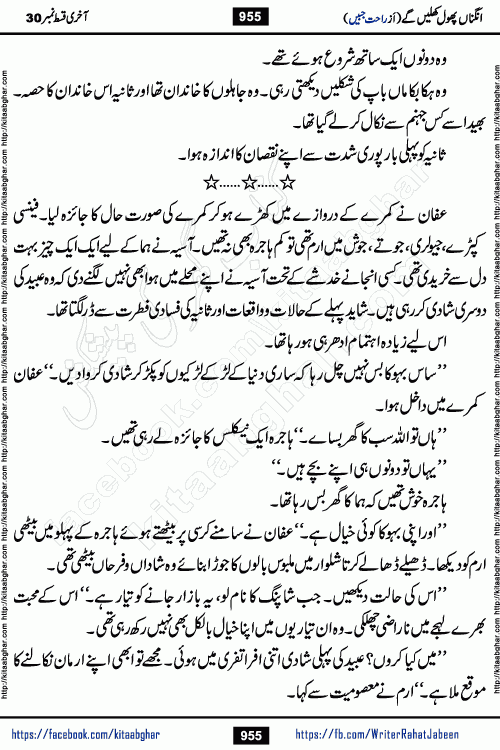 Angna Phool Khilenge last episode 30 by Popular Writer Rahat Jabeen is a famous romantic urdu novel started on kitab ghar for urdu novel readers