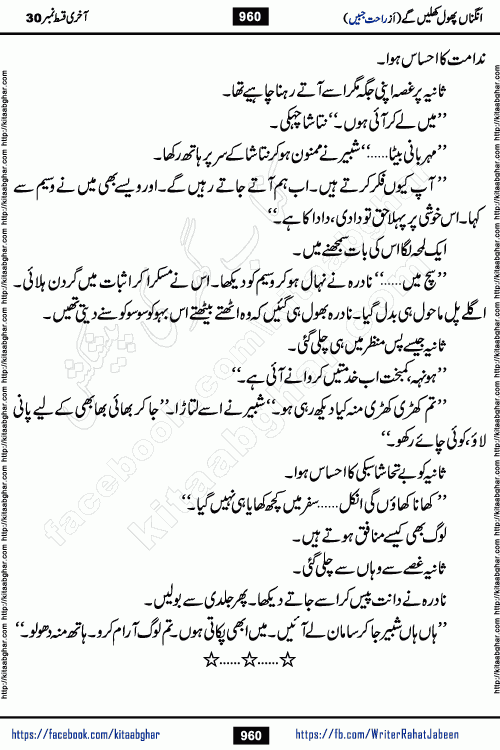 Angna Phool Khilenge last episode 30 by Popular Writer Rahat Jabeen is a famous romantic urdu novel started on kitab ghar for urdu novel readers