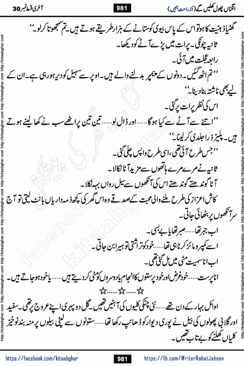 Angna Phool Khilenge last episode 30 by Popular Writer Rahat Jabeen is a famous romantic urdu novel started on kitab ghar for urdu novel readers